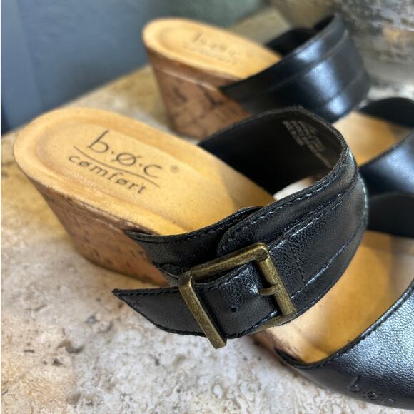 BOC Comfort Womens Black Cork Wedge Slip On Sandal Size 6M Vegan Leather - Picture 2 of 8